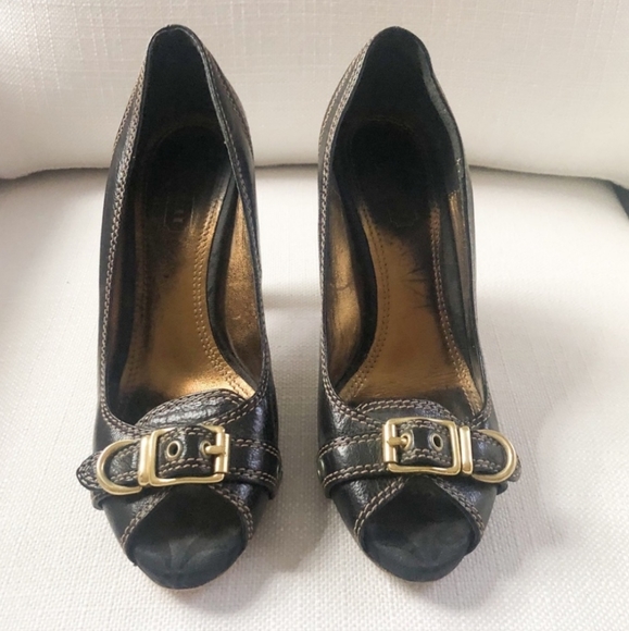 Coach Francie Peep-Toe Black Leather, Stitching, Buckle Accent Heels - Picture 2 of 6
